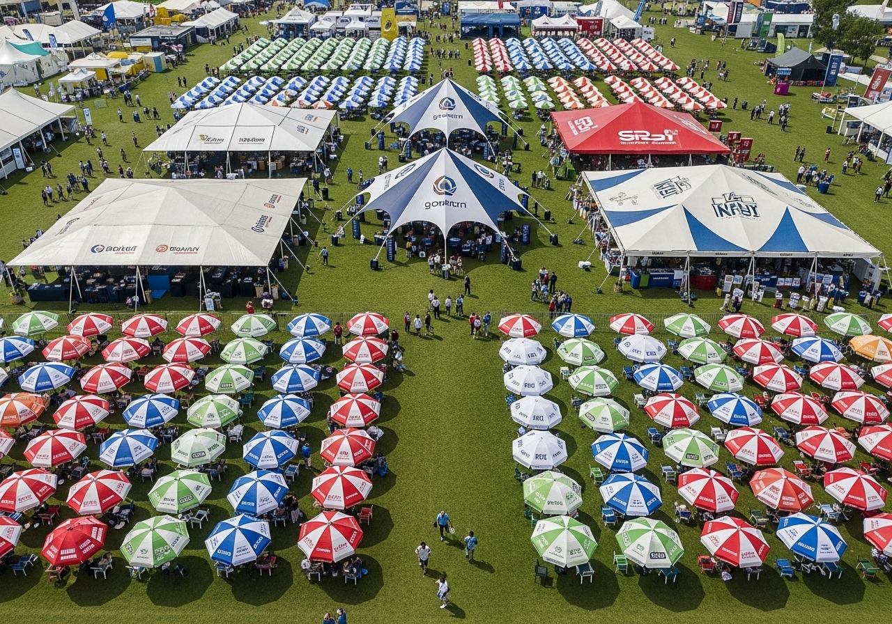 Placeholder case-study image for a festival row of branded umbrellas